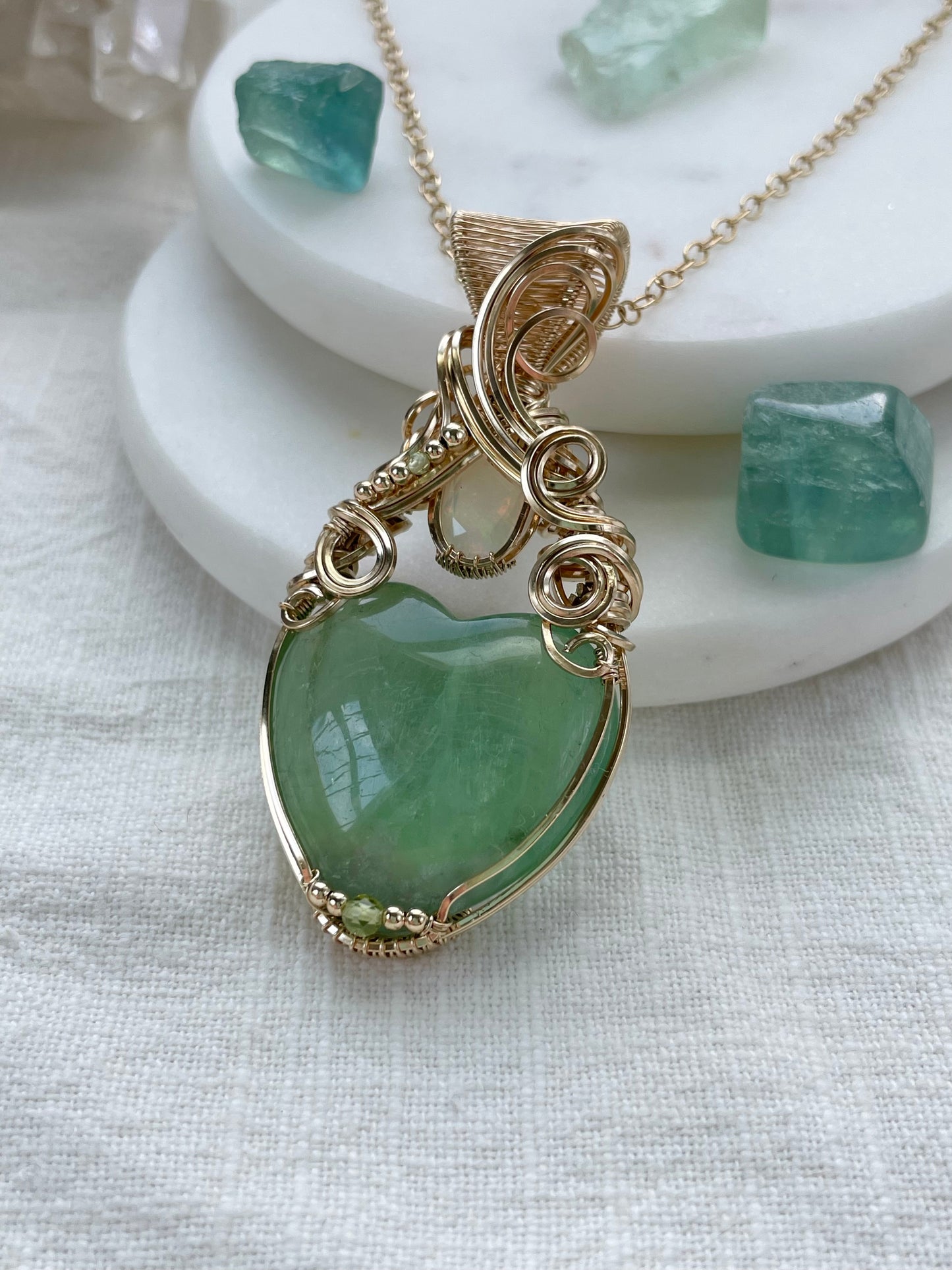 Fluorite heart, Opal & Peridot Necklace in 14k Gold Filled