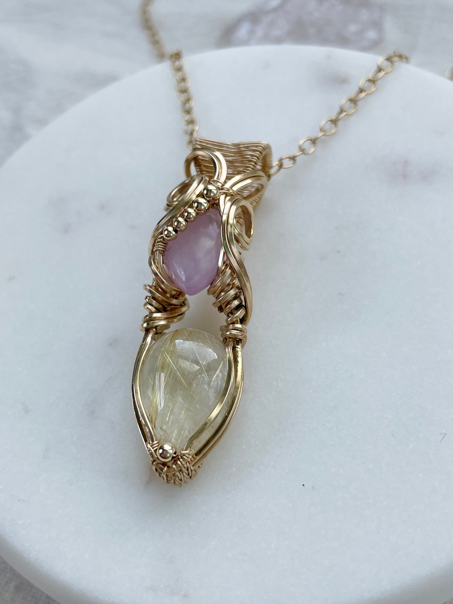 Golden Rutile & Kunzite Necklace in 14k Gold Filled