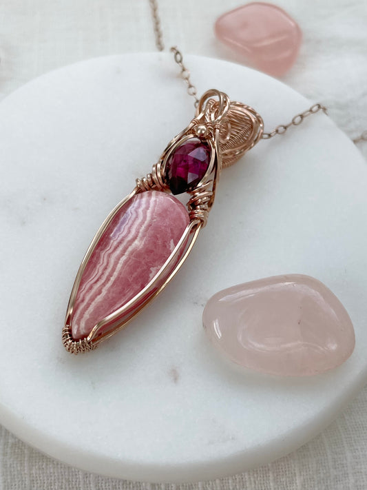 Rhodochrosite & Rhodolite Garnet Necklace in 14k Rose Gold Filled