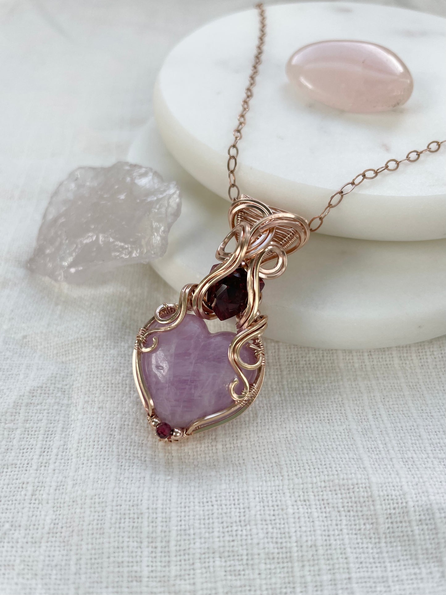 Kunzite heart & Garnet Necklace in 14k Rose Gold Filled