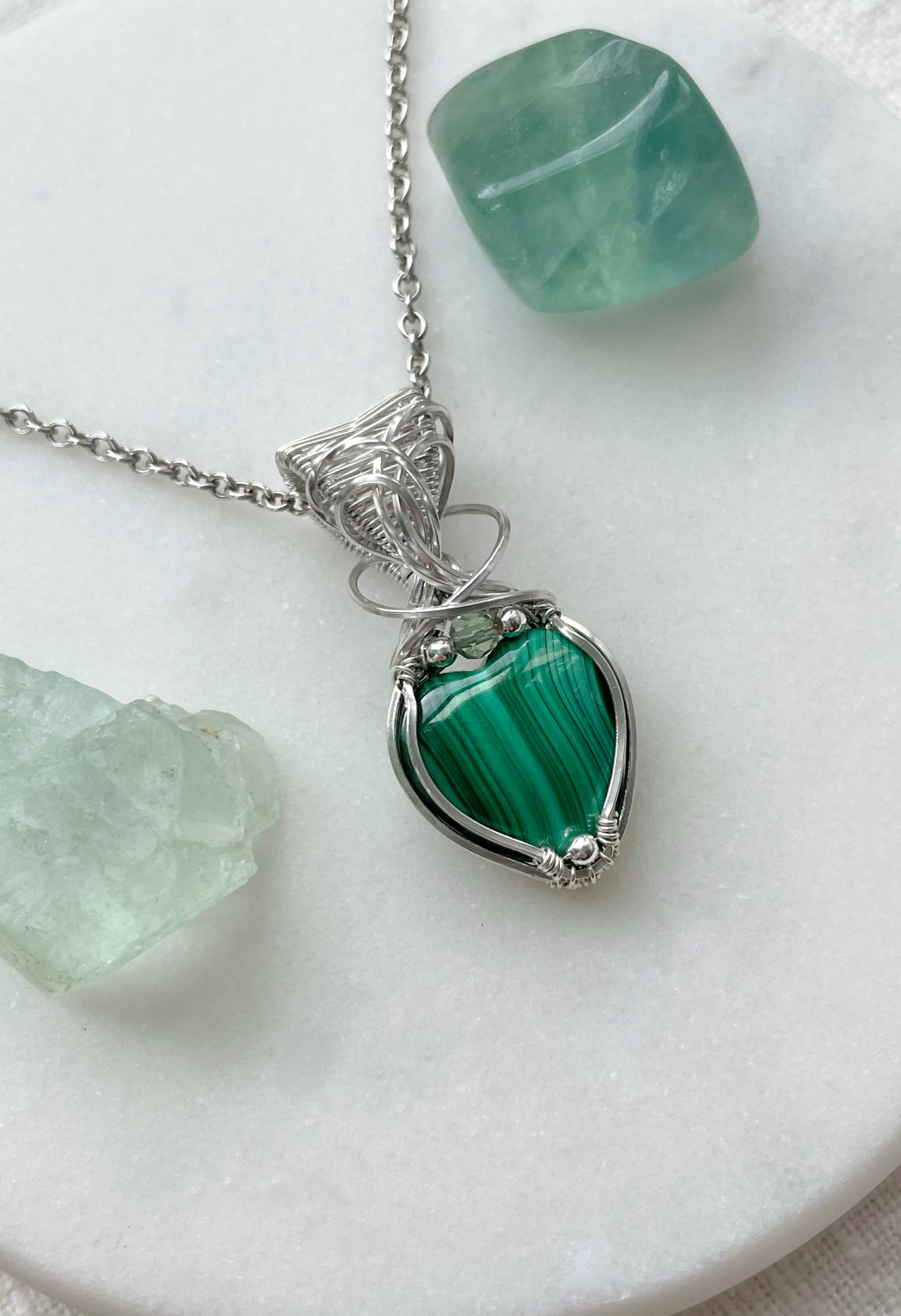 Malachite Heart & Fluorite Necklace in 0.925 Sterling Silver
