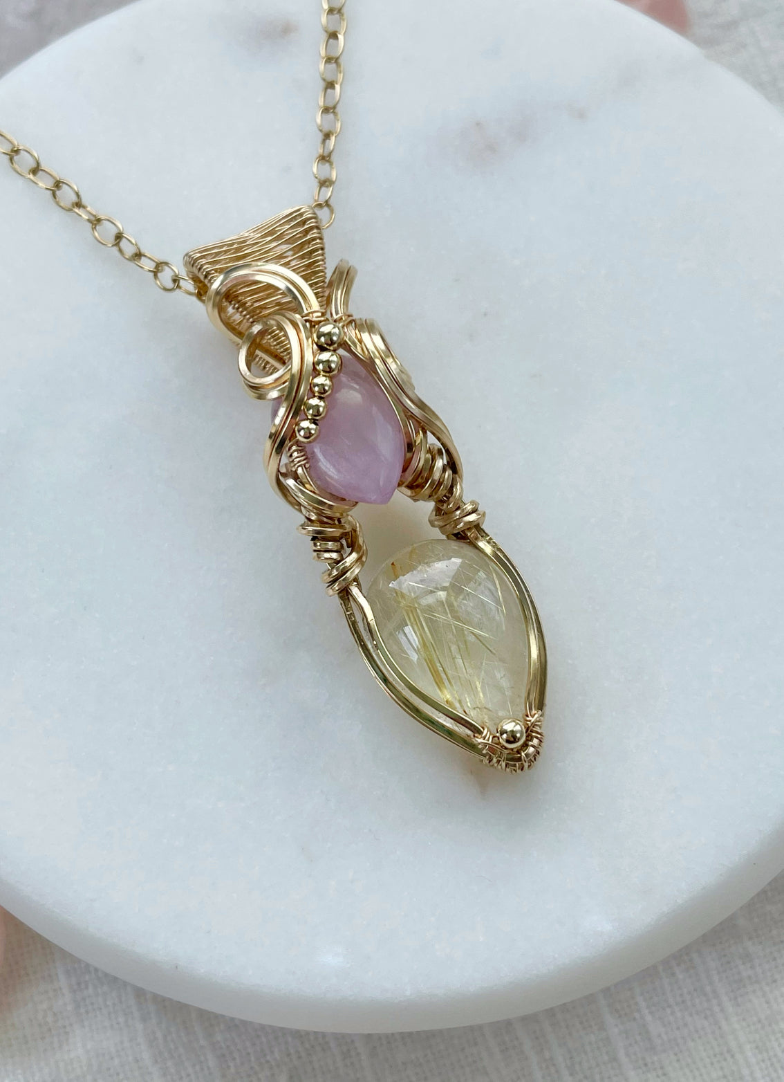 Golden Rutile & Kunzite Necklace in 14k Gold Filled