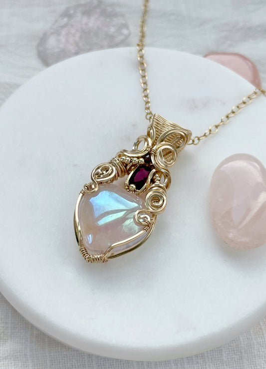 Angel Aura Rose Quartz, Rhodolite Garnet & Red Garnet Necklace in 14k Gold Filled