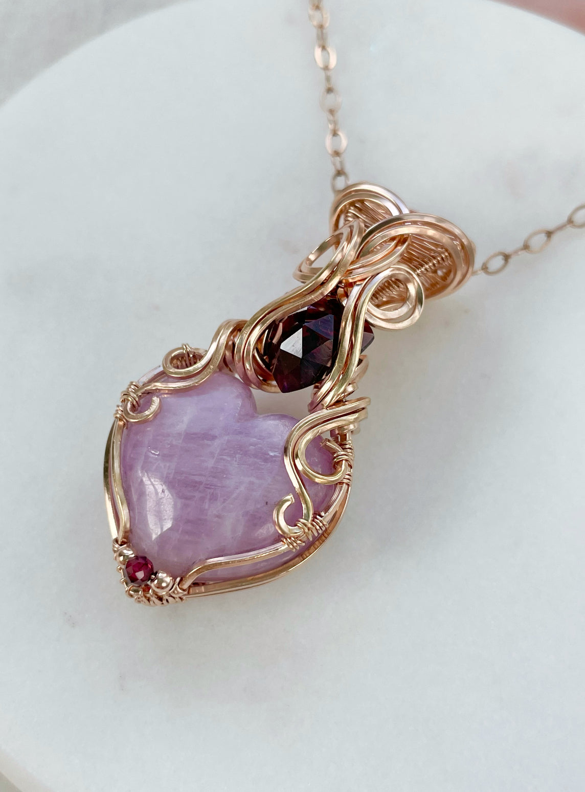 Kunzite heart & Garnet Necklace in 14k Rose Gold Filled