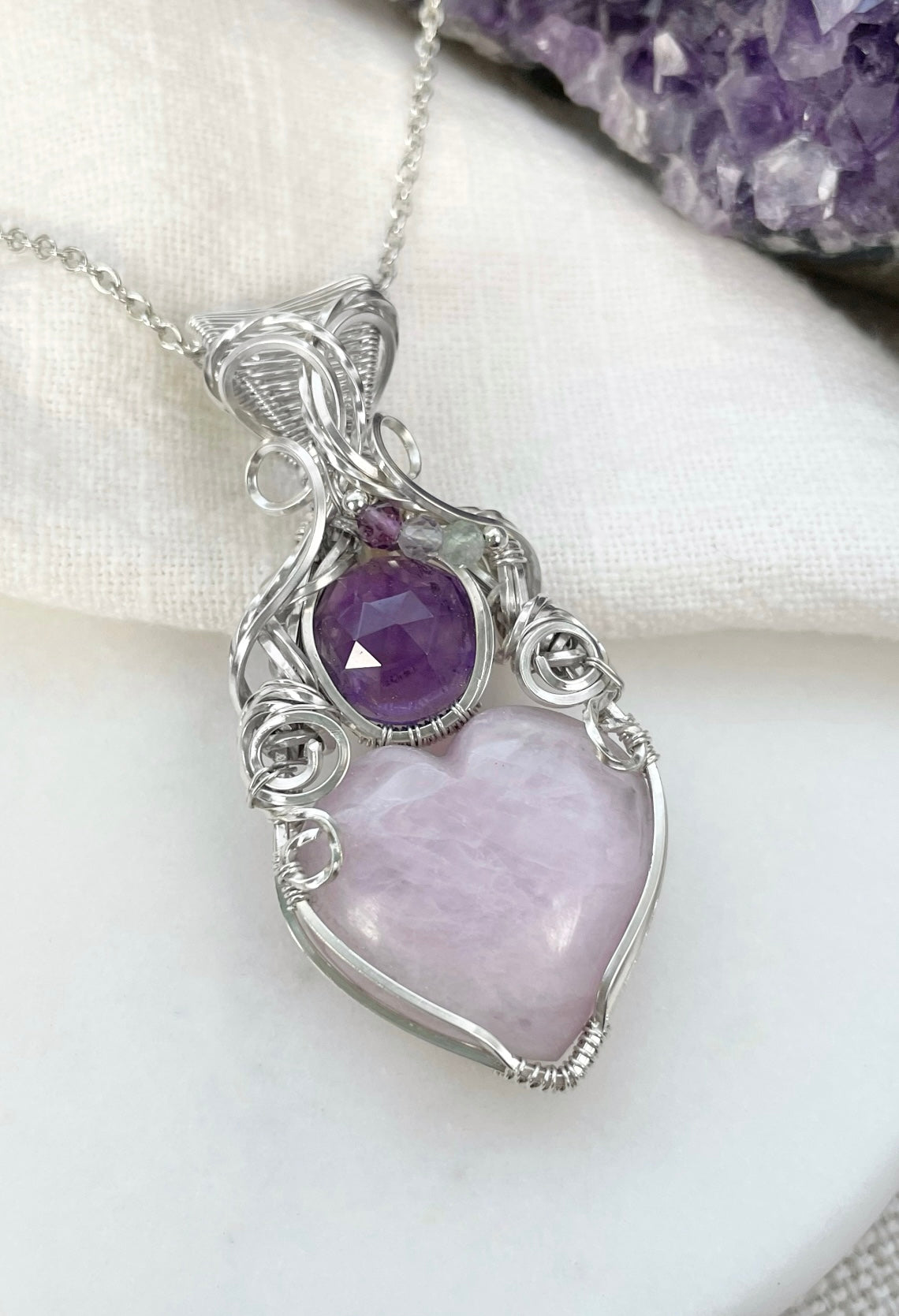 Kunzite Heart, Amethyst & Fluorite Necklace in Argentium Silver