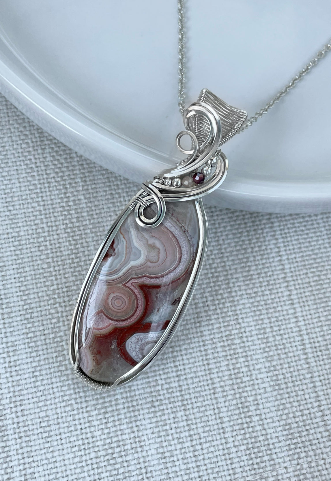 Crazy Lace Agate, Garnet, Peach Moonstone Statement Necklace in Argentium Silver