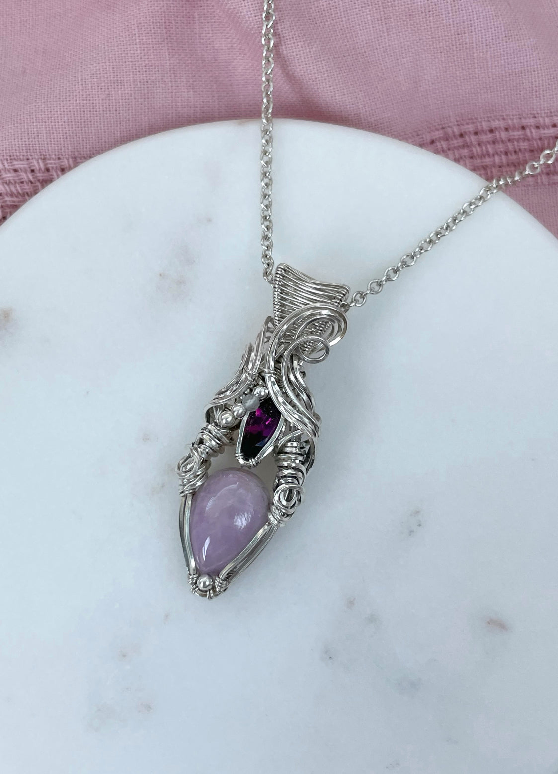 Kunzite, Rhodolite Garnet & Clear Quartz Necklace in 0.925 Sterling Silver
