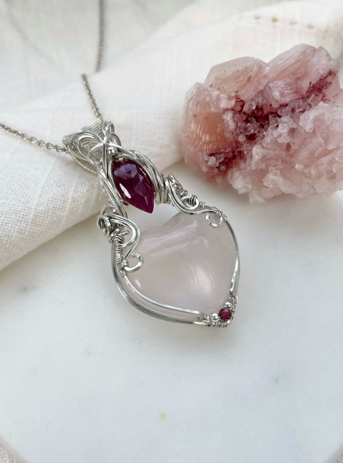 Girasol Quartz, Ruby & Garnet Necklace in 0.925 Sterling Silver