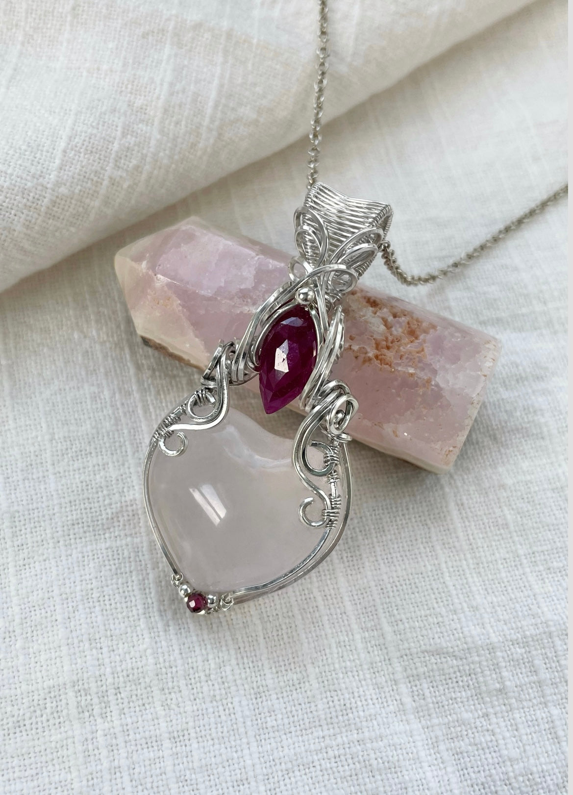 Girasol Quartz, Ruby & Garnet Necklace in 0.925 Sterling Silver