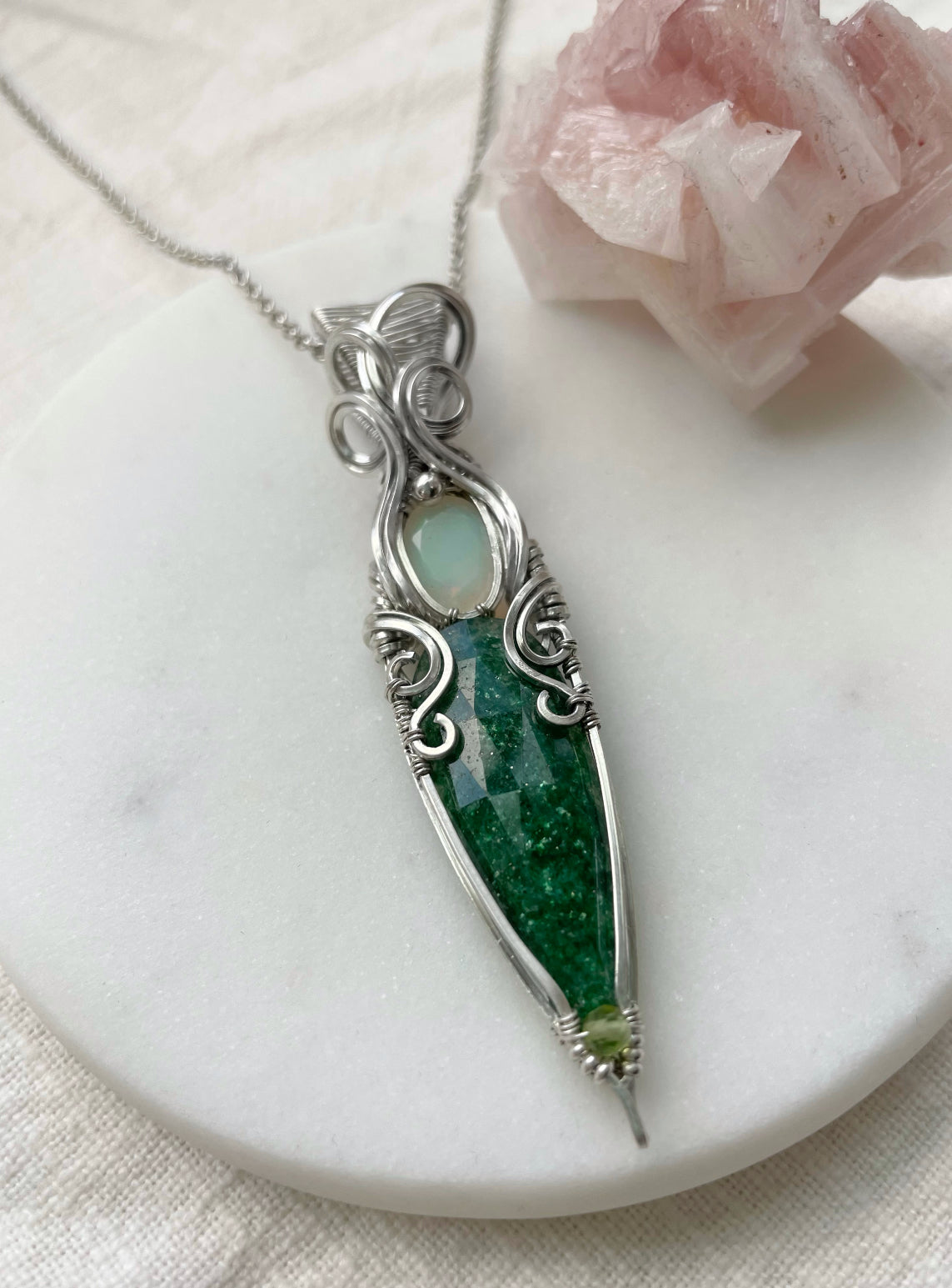 Faceted Green Aventurine, Opal & Peridot Necklace in Argentium Silver