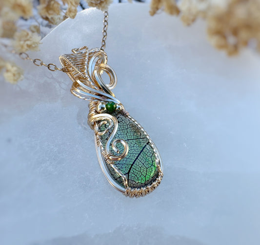Aurora Opal with Real Vein Skeletons of a Leaf (Glass Top) & Chrome Diopside Necklace in 14k Gold Filled