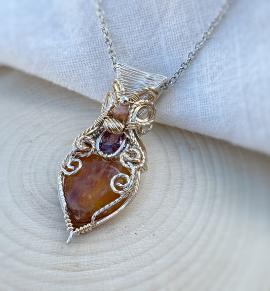 Golden Healer Quartz, Pink Tourmaline & Suntstone-Moonstone Necklace in Mixed Metals (14k Gold Filled & 0.925 Sterling Silver)