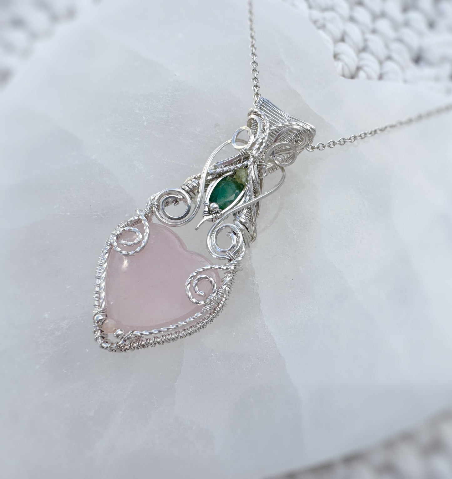 Rose Quartz Heart, Peridot & Emerald (from Sakota Mines) Necklace in Argentium Silver