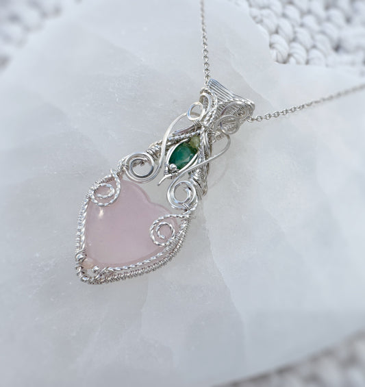 Rose Quartz Heart, Peridot & Emerald (from Sakota Mines) Necklace in Argentium Silver