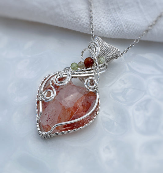 Hematoid Quartz, Amber, Peridot & Fluorite Necklace in Argentium Silver