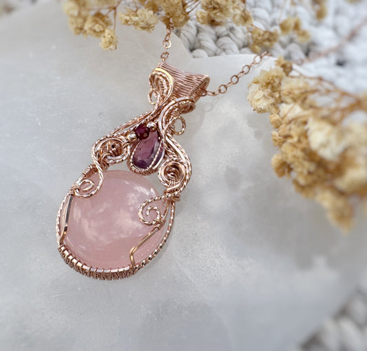 Rose Quartz, Pink Tourmaline & Rubellite Necklace in 14k Rose Gold Filled