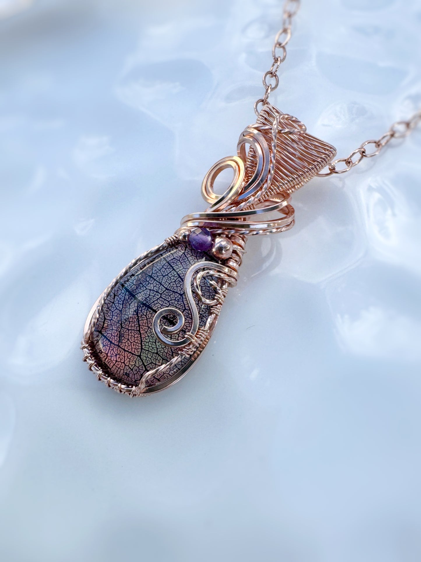 Aurora Opal with Real Vein Skeletons of a Leaf (Glass Top) & Amethyst Necklace in 14k Rose Gold Filled