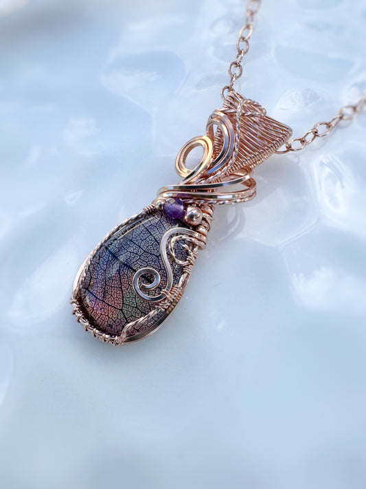 Aurora Opal with Real Vein Skeletons of a Leaf (Glass Top) & Amethyst Necklace in 14k Rose Gold Filled