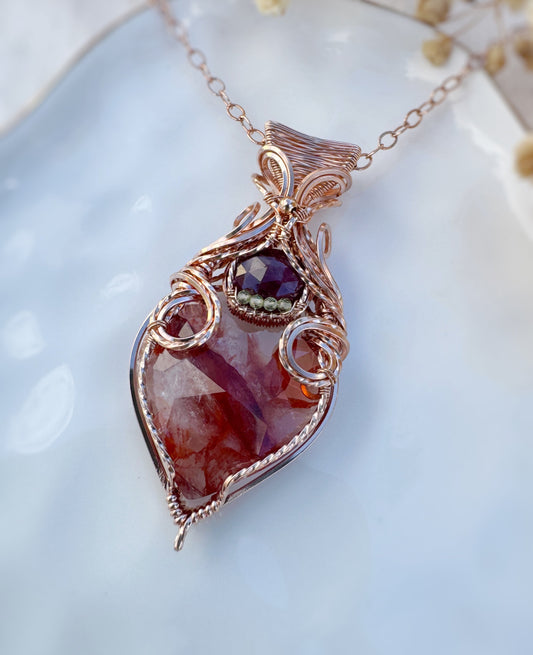 Hematoid Quartz, Natural Ruby & Peridot Necklace in 14k Rose Gold Filled