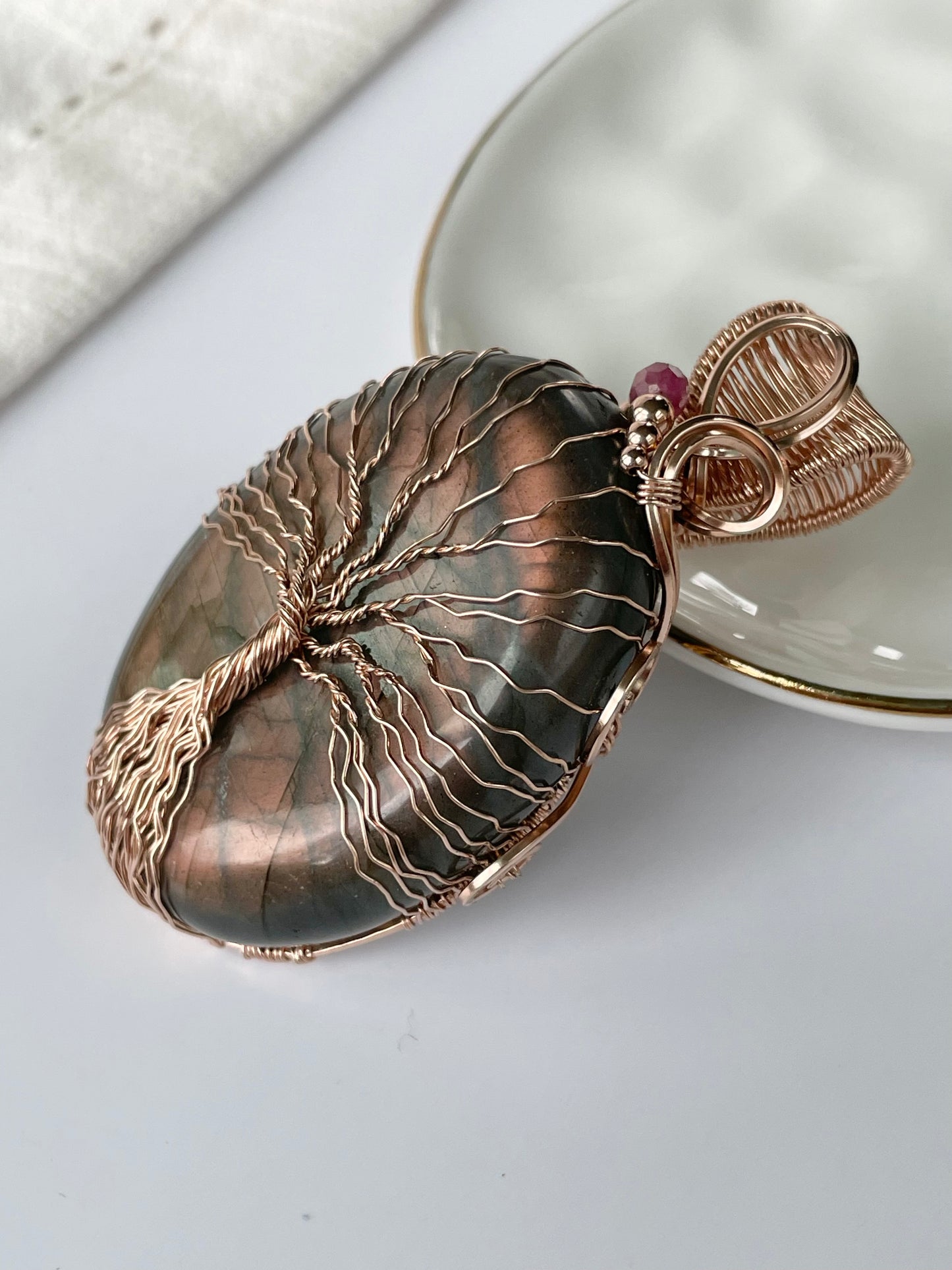 Labradorite & Pink Tourmaline Tree of Life Necklace in 14k Rose Gold Filled