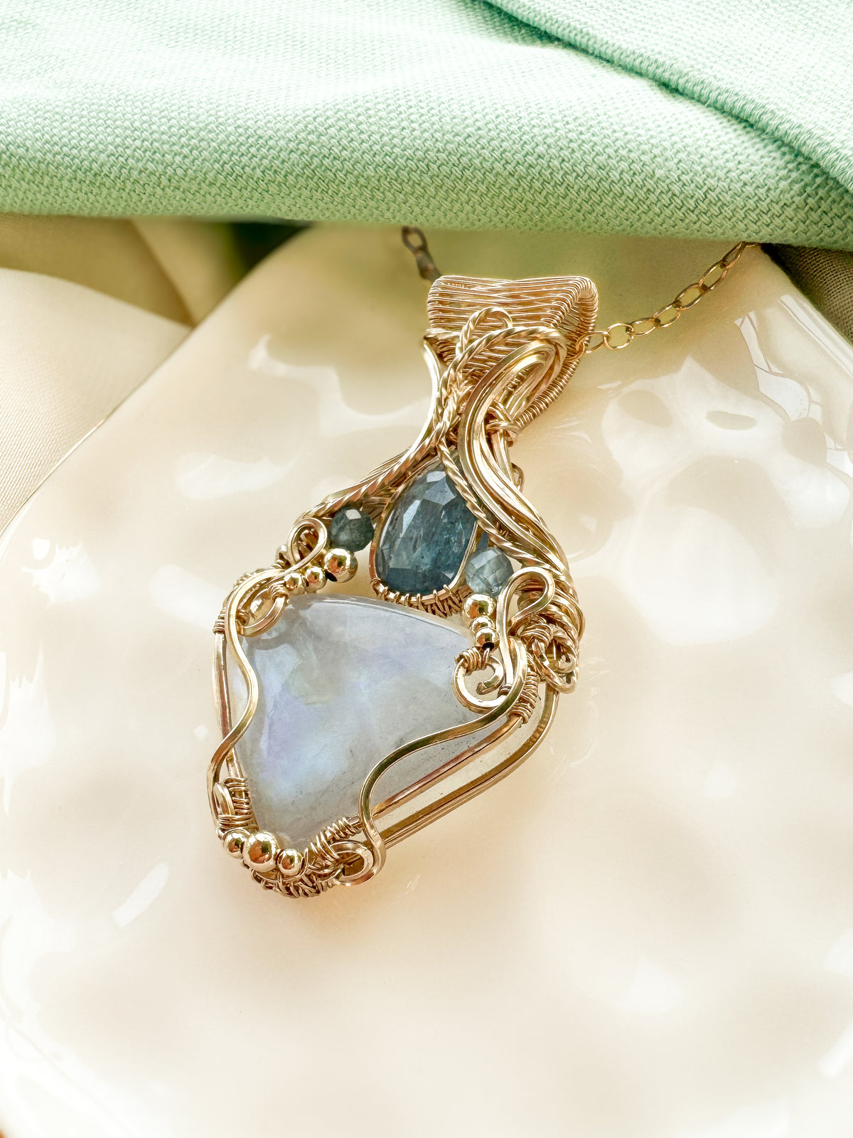 Rainbow Moonstone, Blue Kyanite & Aqua Apatite Necklace in 14k Gold Filled