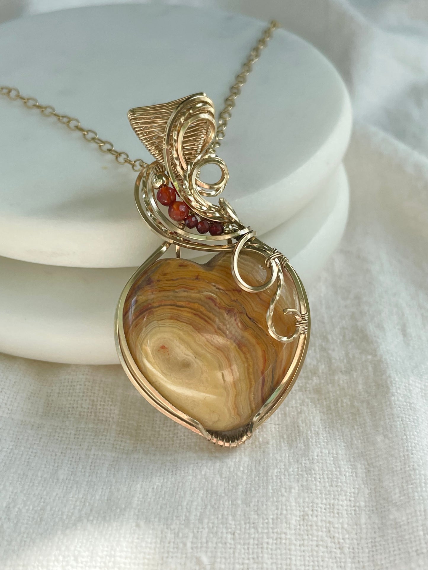 Crazy Lace Agate Heart & Carnelian Necklace in 14k Gold Filled