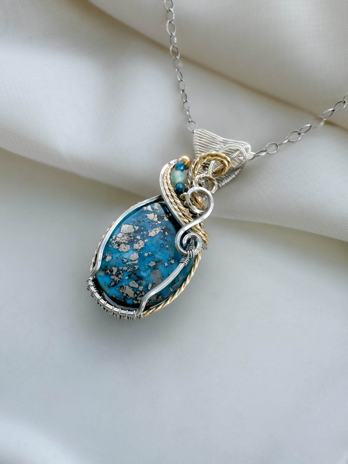 Irani Turquoise (with Pyrite), Blue Apatite & Chrysoprase Mixed Metal Necklace (Argentium Silver & 14k Gold Filled)