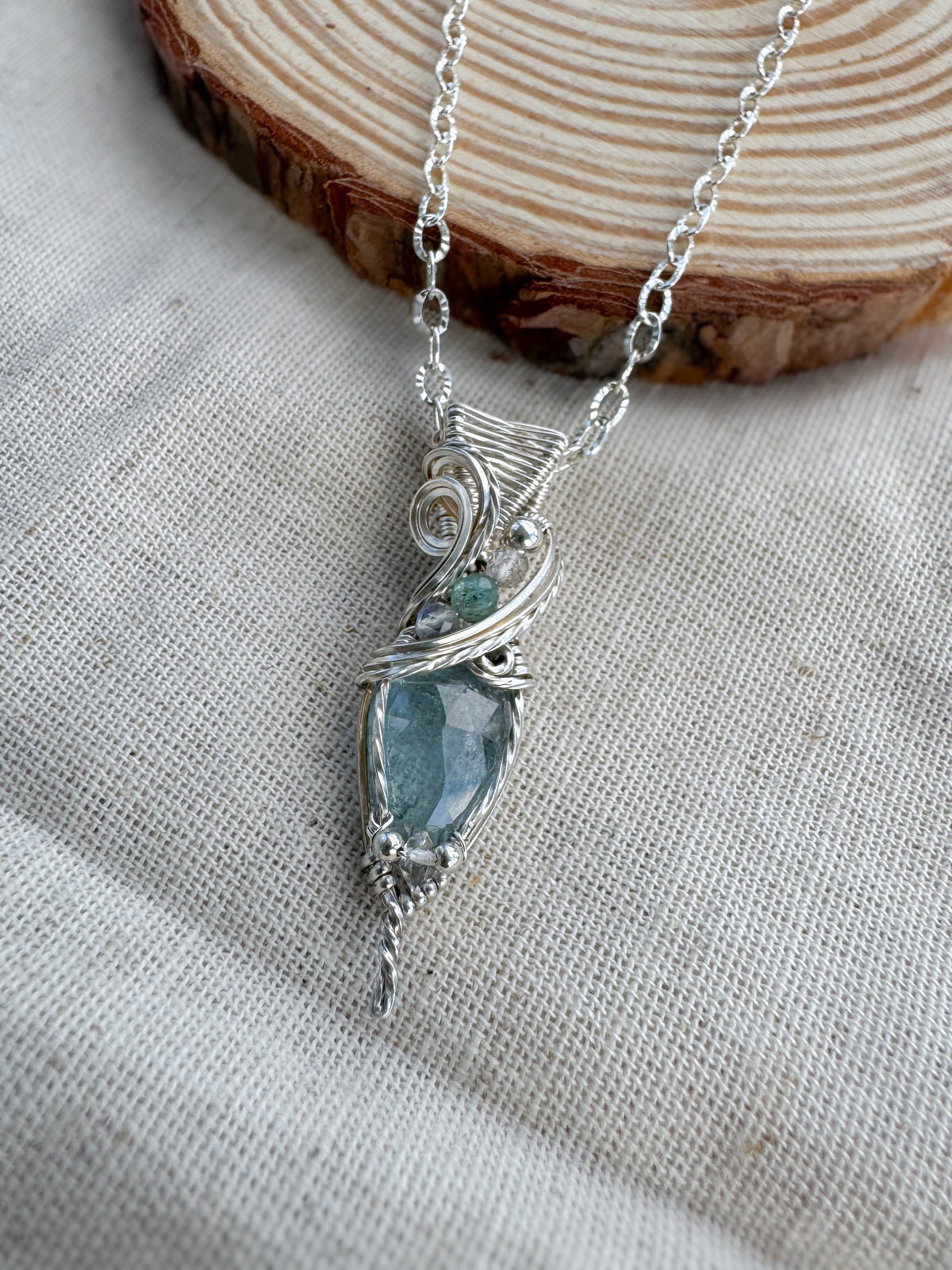 Aqua Kyanite, Labradorite & Green Kyanite Necklace in 0.925 Sterling Silver