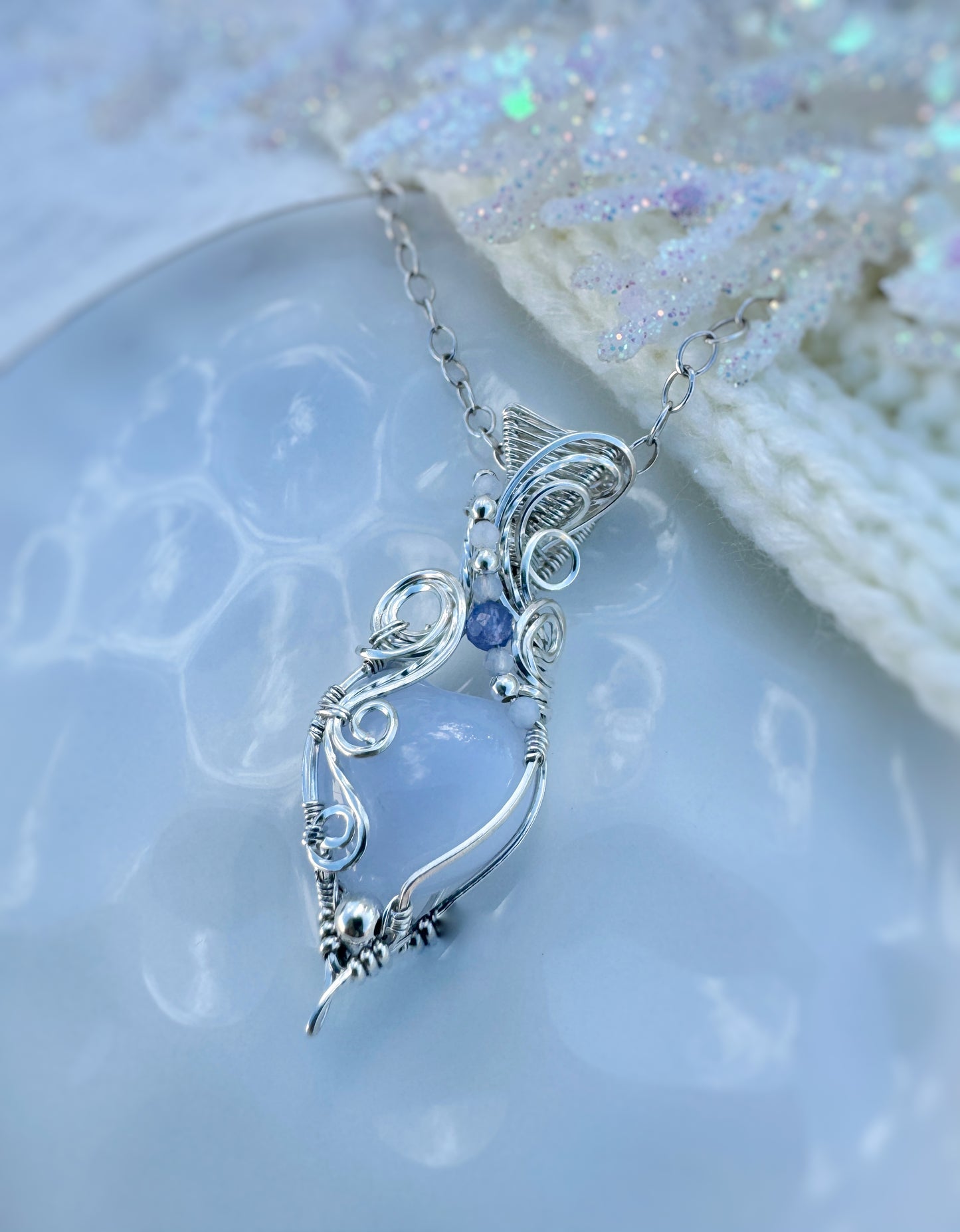 Blue Chalcedony Heart Accented with Tanzanite & Blue Chalcedony Necklace in 0.925 Sterling Silver