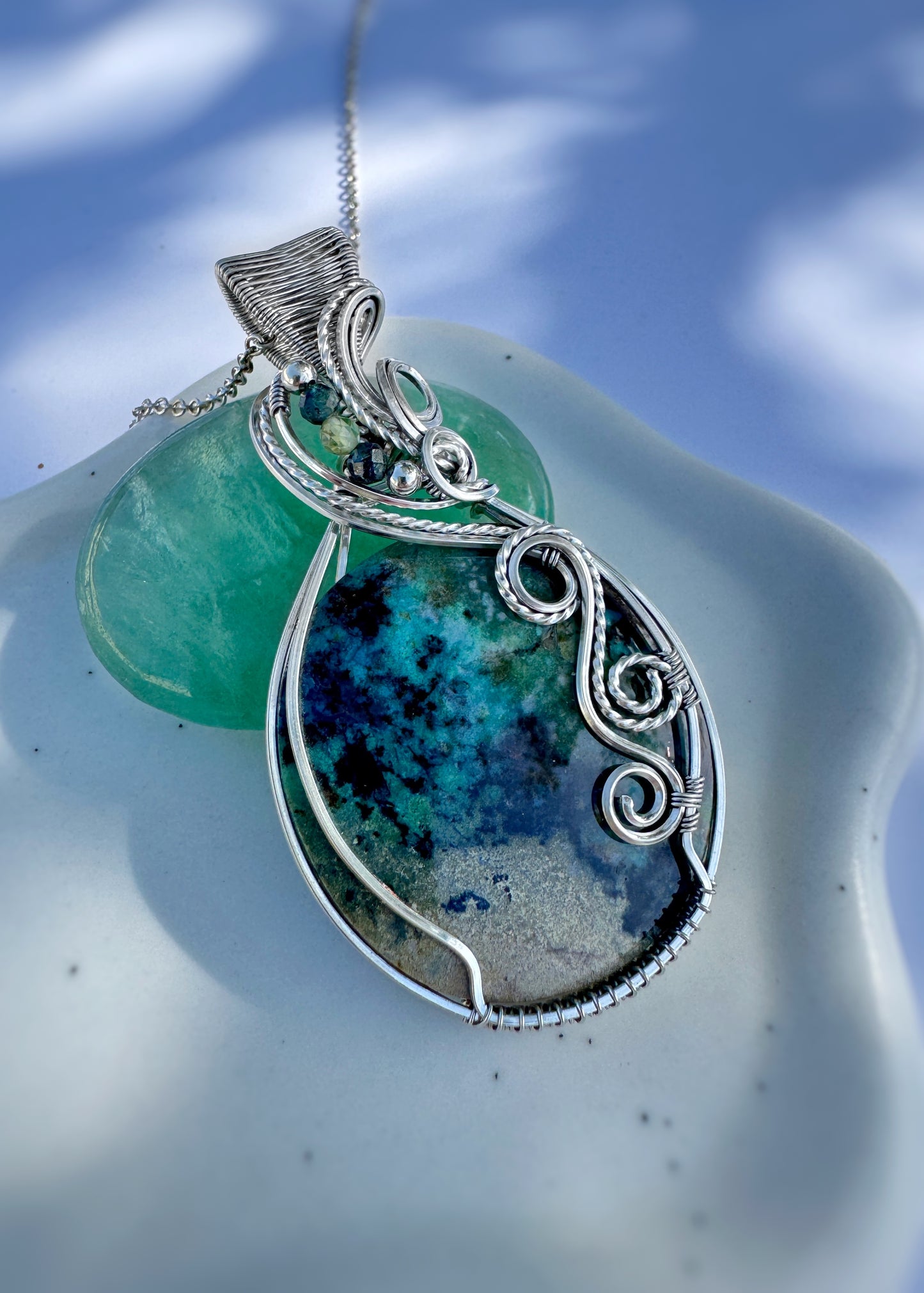 Blue Opalized Wood, Green Kyanite & Peridot Necklace in Argentium Silver
