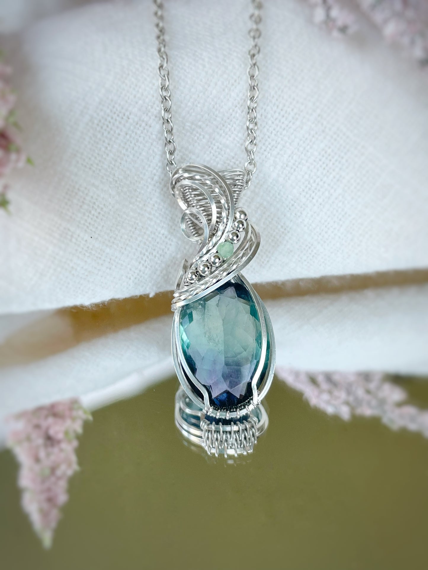 Faceted Fluorite & Chrysoprase Necklace in Argentium Silver