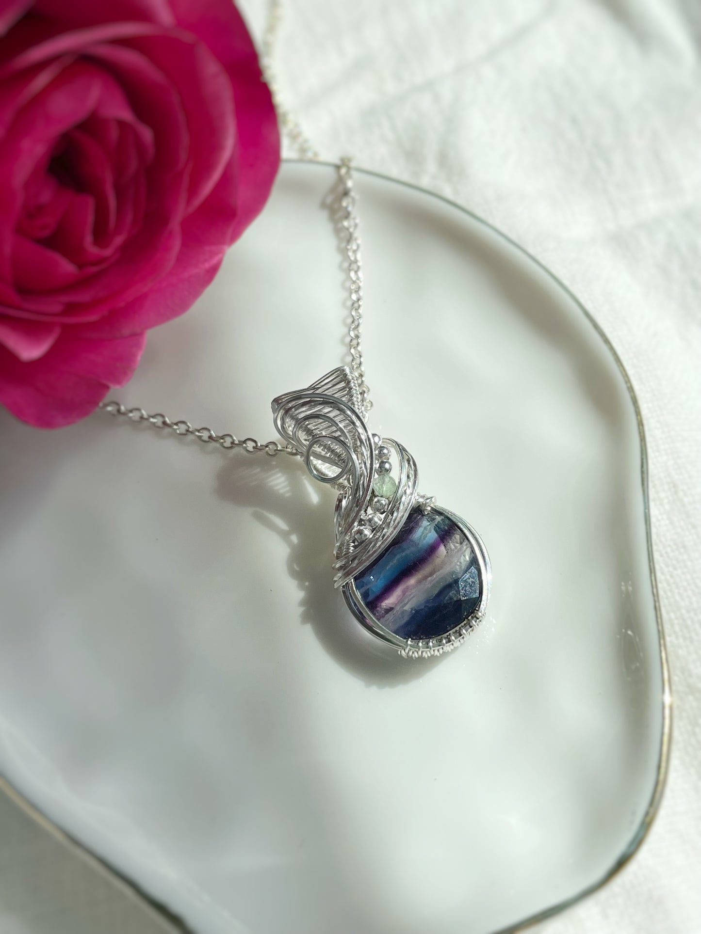 Faceted Fluorite & Green Aventurine Necklace in 0.925 Sterling Silver