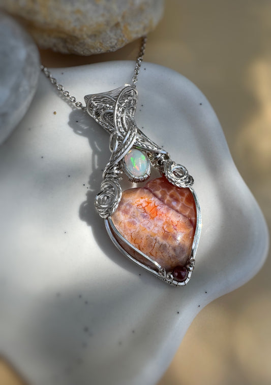 Fire Agate, Opal & Garnet Necklace in Argentium Silver