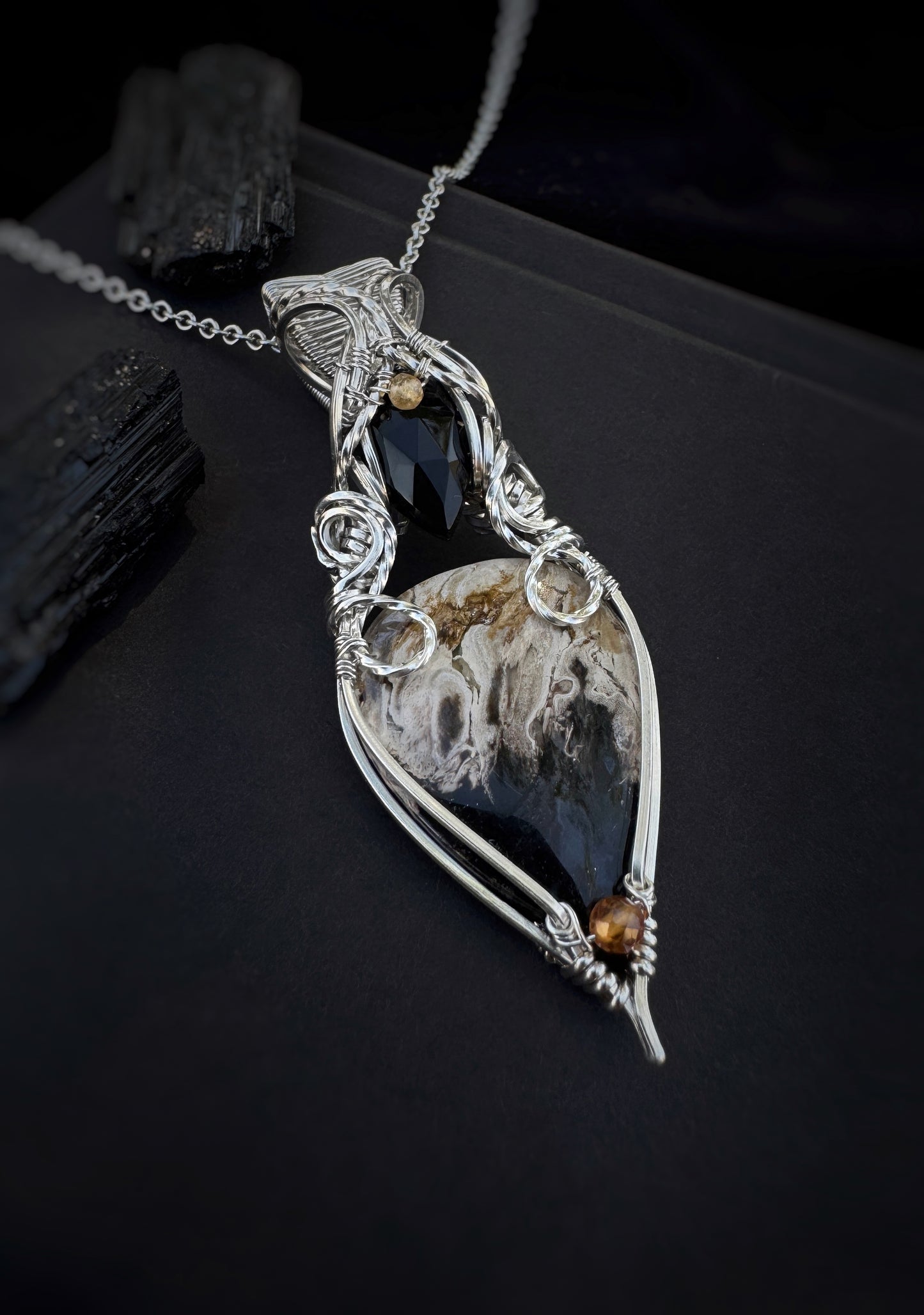 Palm Root, Black Onyx, Tourmaline & Hessonite Garnet Necklace in Argentium Silver