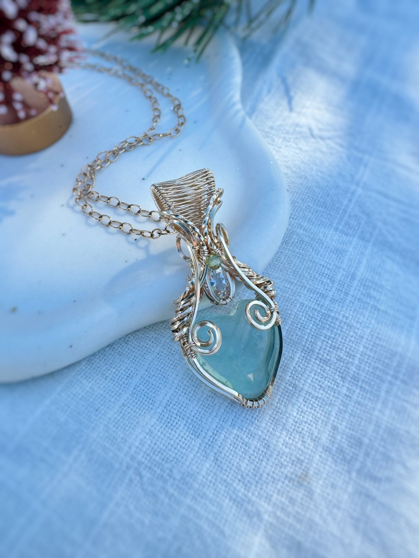 Fluorite Heart, Madagascar Moonstone & Peridot Necklace in 14k Gold Filled