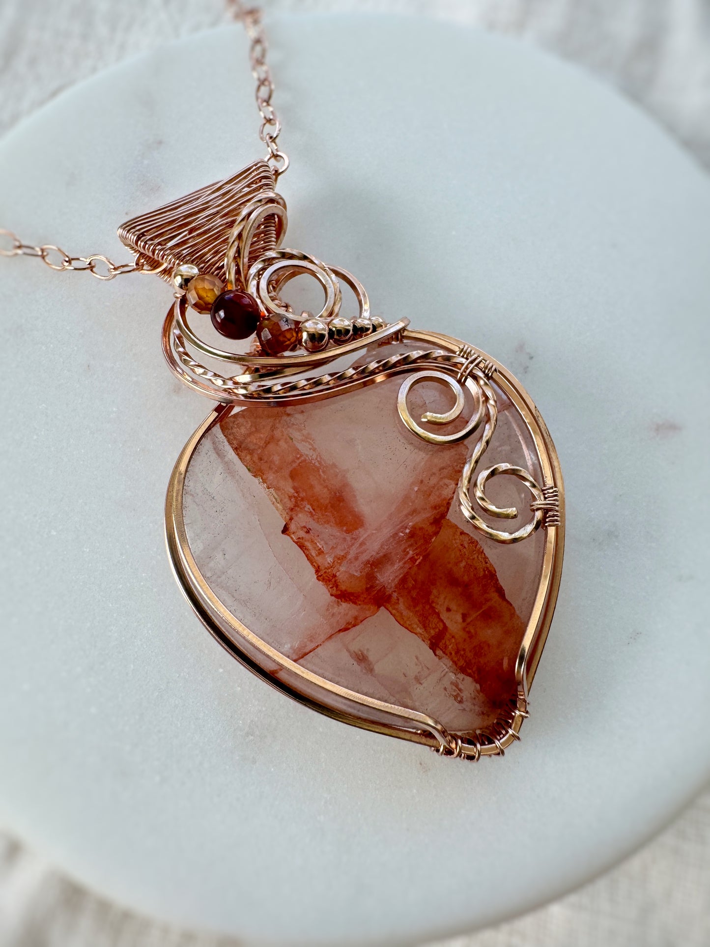 Hematoid Quartz, Amber & Hessonite Garnet Necklace in 14k Rose Gold Filled