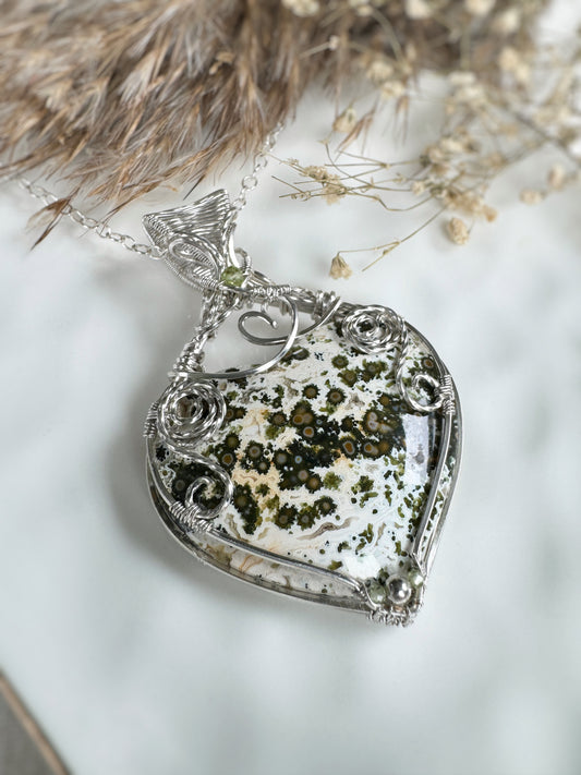 Ocean Jasper Heart & Peridot Statement Necklace in Argentium Silver