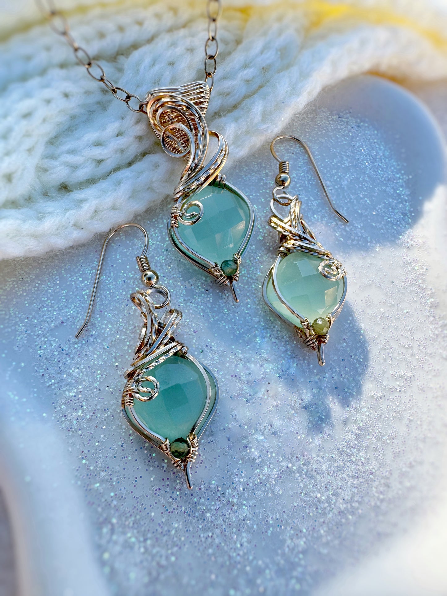 Aqua Chalcedony & Green Apatite Set in 14k Gold Filled (Necklace + Earrings)
