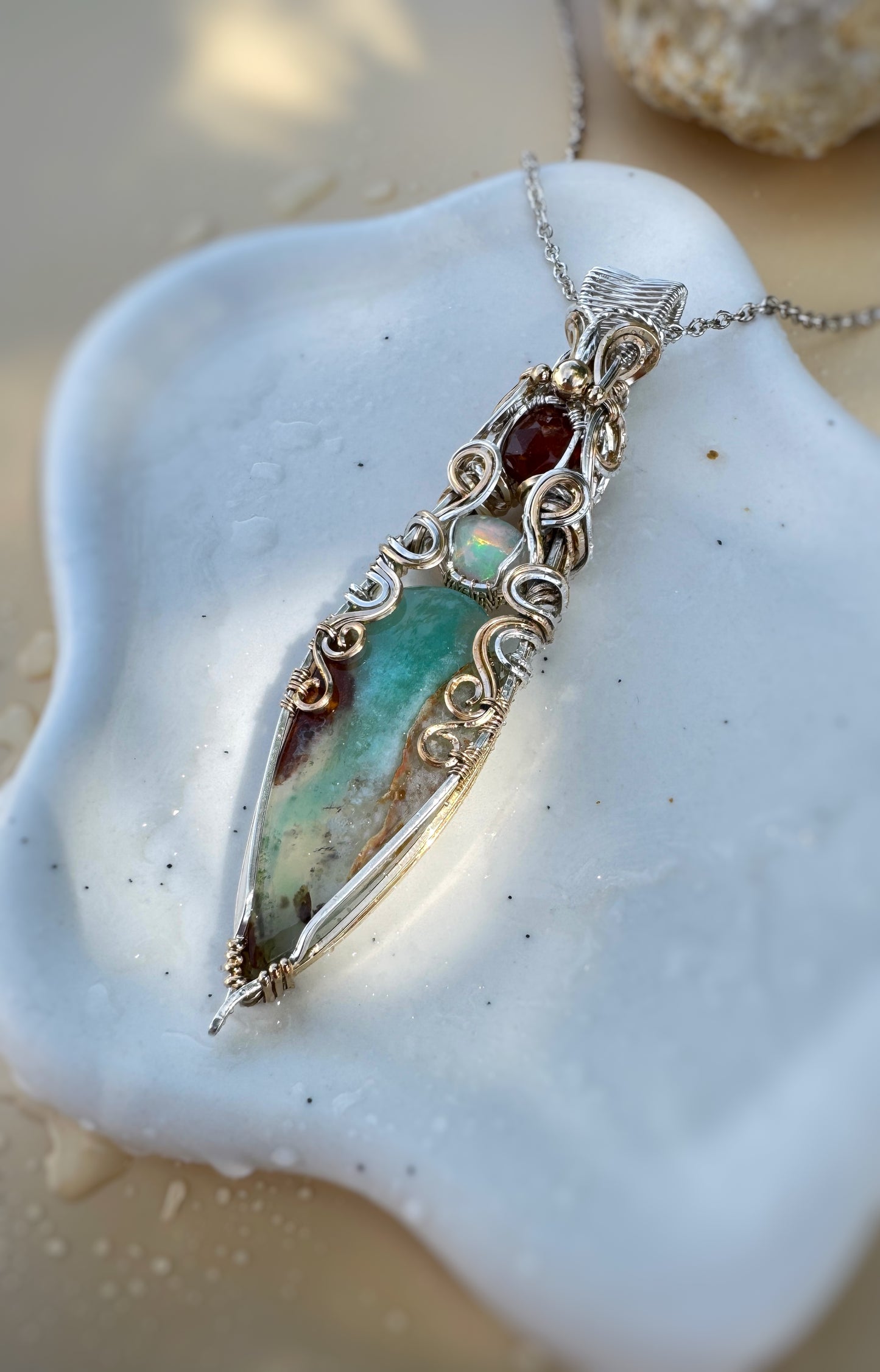 Blue Opalized Wood, Opal & Hessonite Garnet Necklace in 0.925 Sterling Silver & 14k Gold Filled