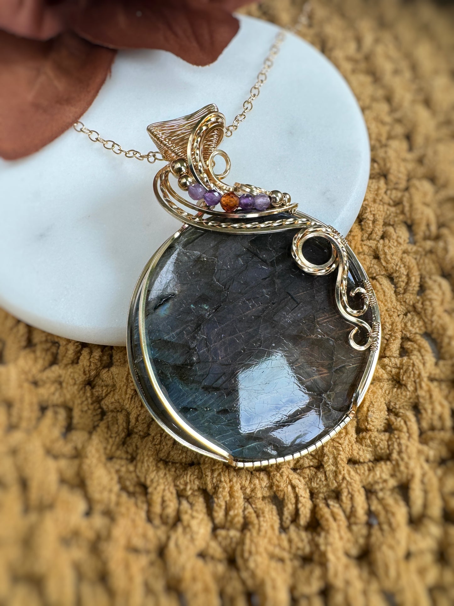Vibrant Labradorite, Amethyst & Hessonite Garnet Statement Necklace in 14k Gold Filled
