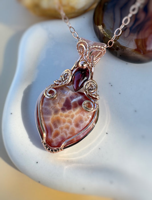 Fire Agate & Garnet Necklace in 14k Rose Gold Filled