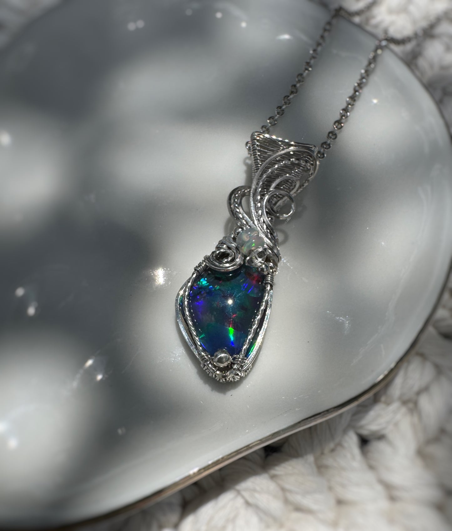5.13 Ct Australian Opal Triplet, Ethiopian Opal & Herkimer Diamond Necklace in Argentium Silver