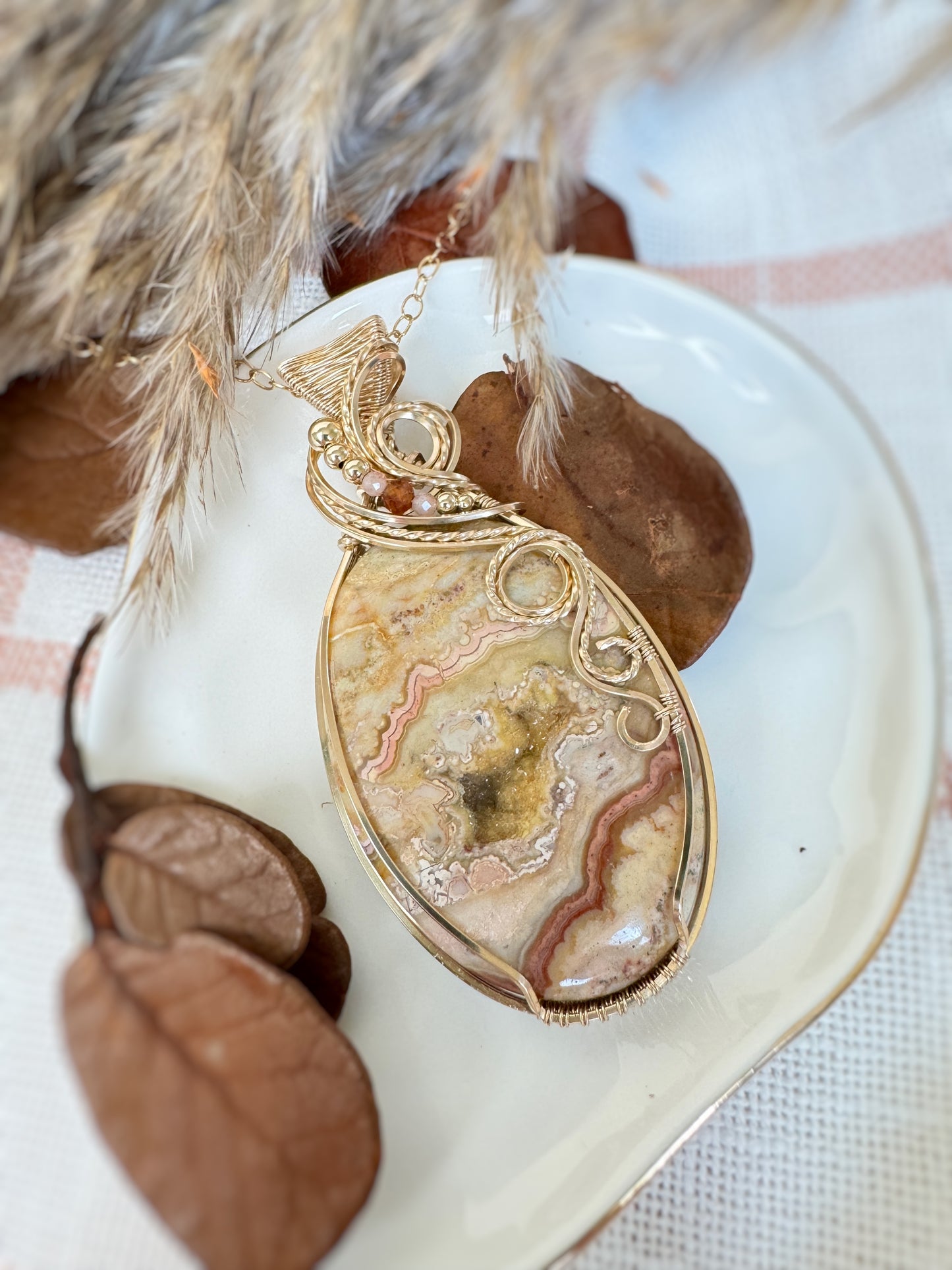 Yellow Onyx (Mexico), Peach Moonstone, Hessonite Garnet Statement Necklace in 14k Gold Fill