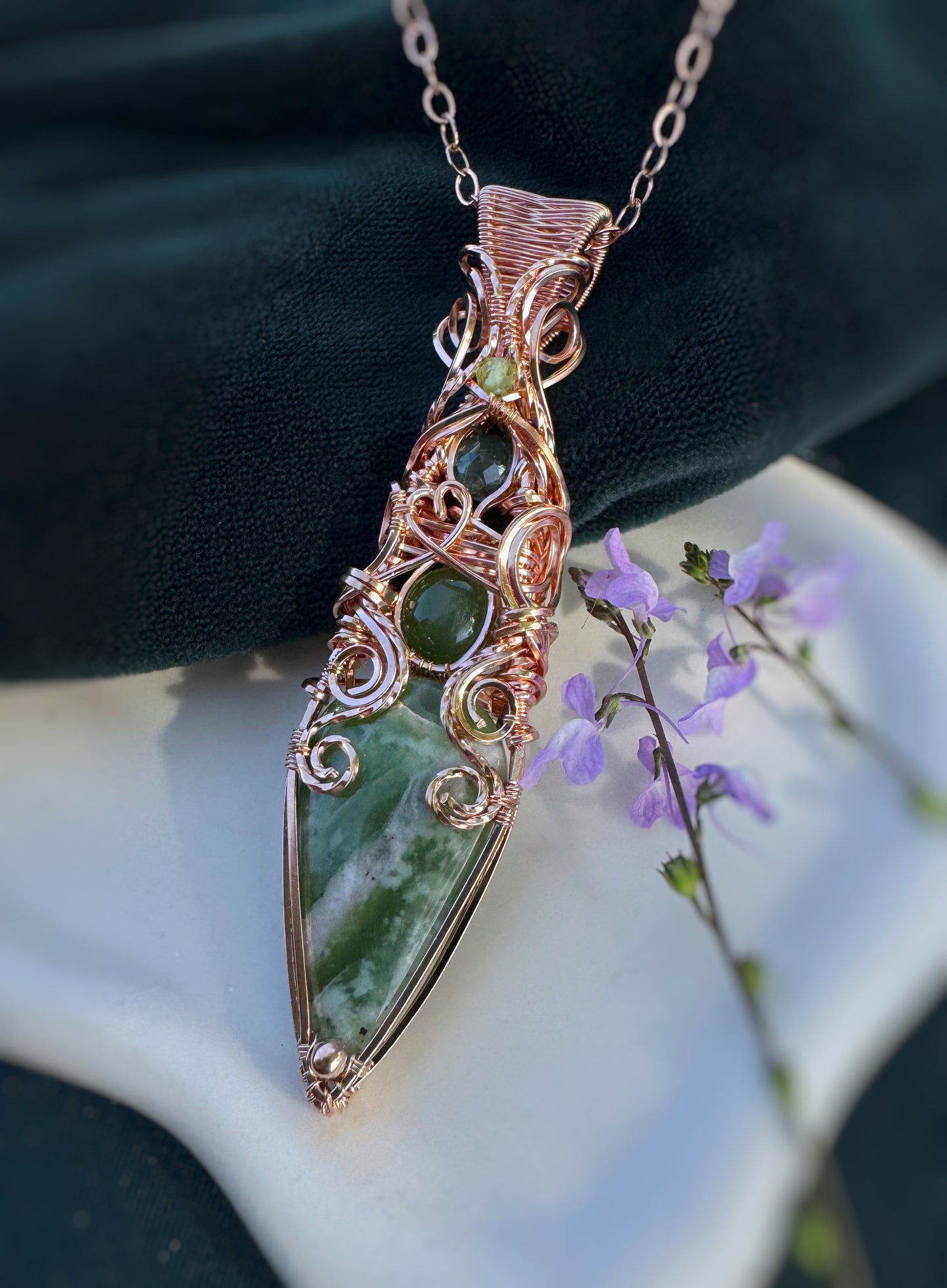 Serpentine, Green Jade, Moss Agate, Peridot Statement Necklace in 14k Rose Gold Filled