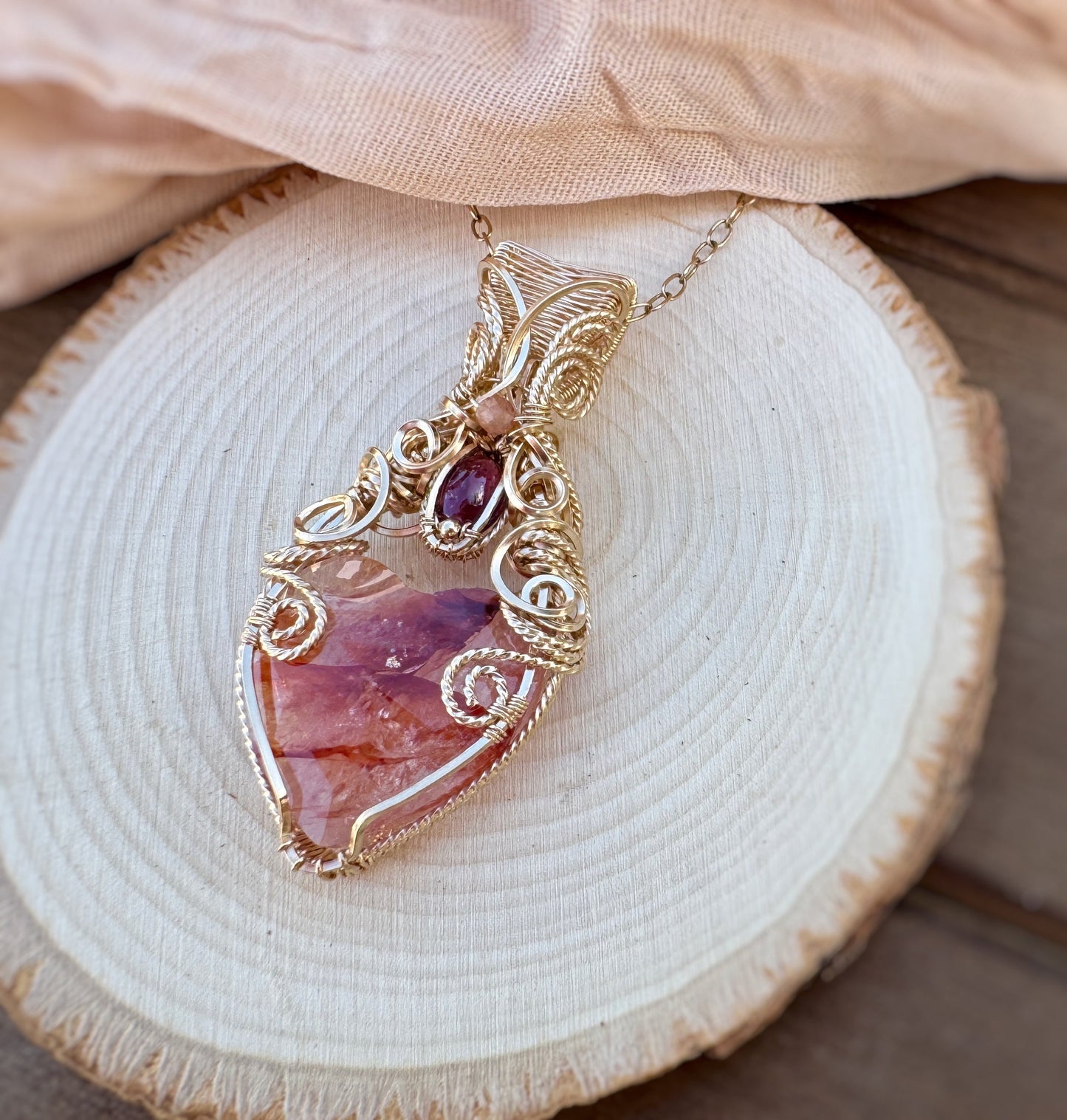 Hematoid Quartz, Pink Tourmaline & Sunstone-Moonstone Necklace in 14k Gold Filled Wire