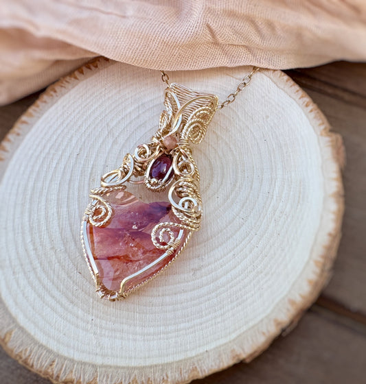 Hematoid Quartz, Pink Tourmaline & Sunstone-Moonstone Necklace in 14k Gold Filled Wire