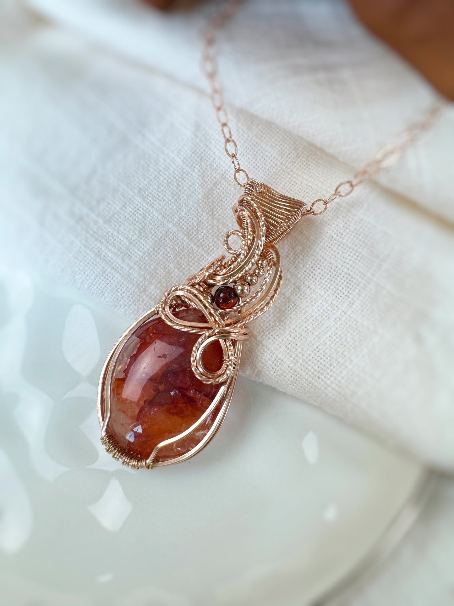 Red Hematoid Quartz & Amber Necklace in 14k Rose Gold Filled