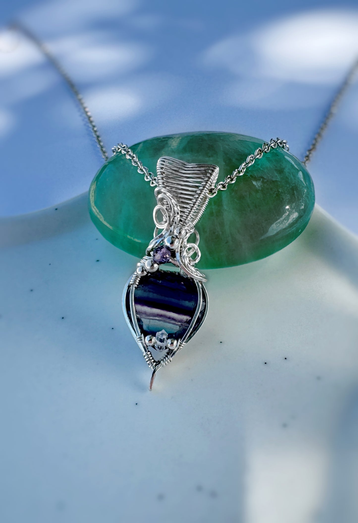 Faceted Fluorite, Amethyst & Herkimer Diamond Necklace in 0.925 Sterling Silver