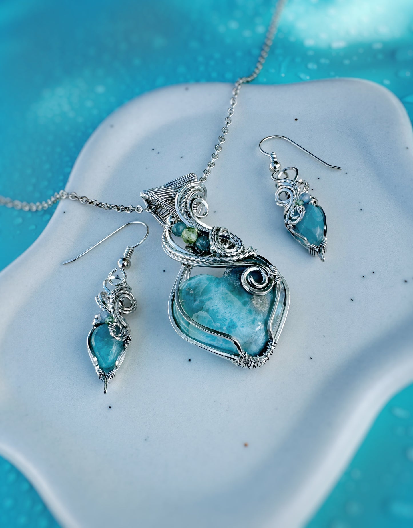 Larimar, Aquamarine & Peridot Set in Argentium Silver (Necklace & Earrings)