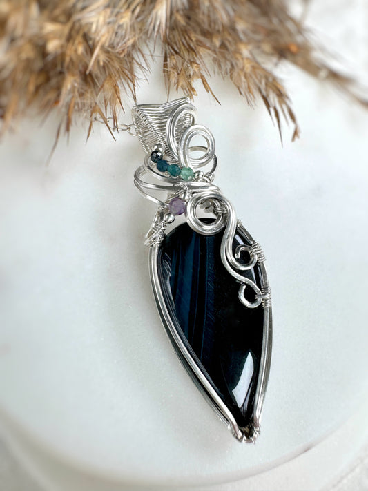 Blue Tiger's Eye, Blue Tourmaline & Amethyst Necklace in Argentium Silver